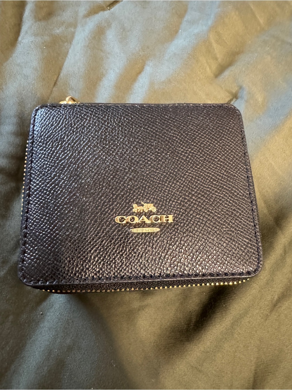 New Coach Navy Pebbled Leather Zip Wallet with Gold Logo